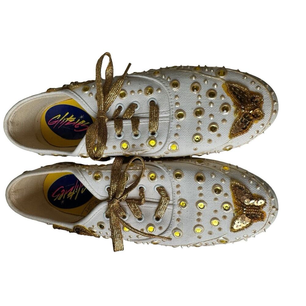 Vintage 80s Glitzies Bedazzled Butterfly Sparkly Gold Sequined Shoes Sneakers 8
